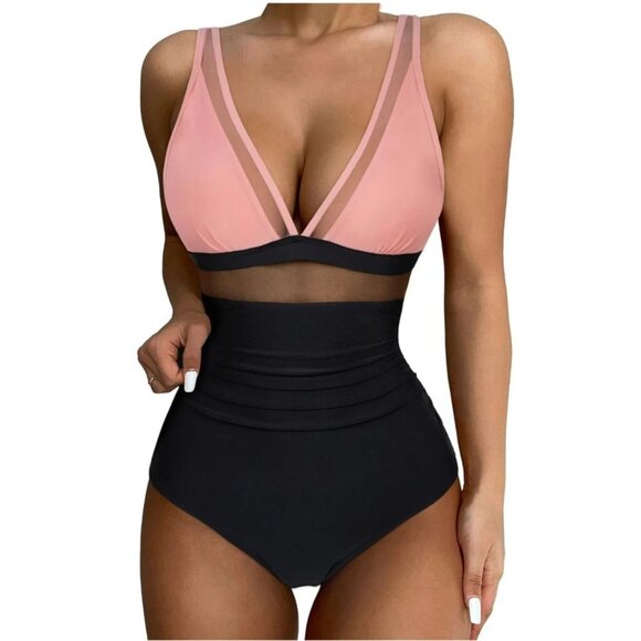 Suuksess Womens Elegant Mesh Panel High-Waisted One-Piece Swimsuit Size Small - Picture 1 of 14